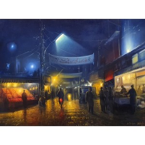 Zulfiqar Ali Zulfi, Lahore at Night, 30 x 40 Inch, Oil on Canvas, Cityscape Painting-AC-ZUZ-057